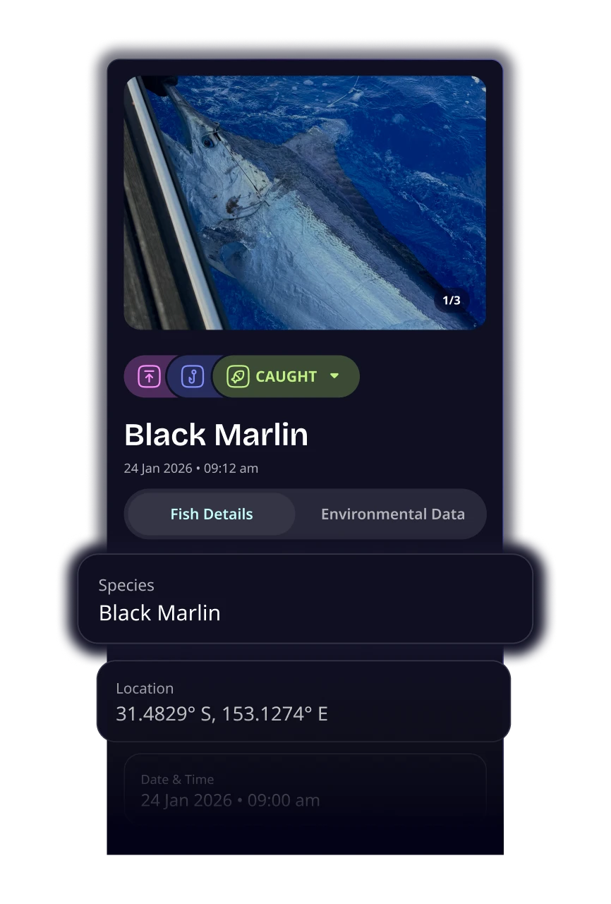 Fish detail screen showing a Yellowfin Tuna catch with a hero photo, catch date 24 Jan 2026 at 9:00 am, GPS coordinates 31.4829 degrees south, 153.1274 degrees east, and floating data cards