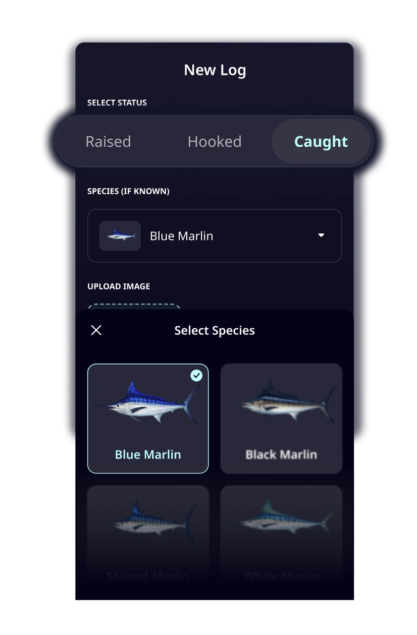 New Log screen showing Raised, Hooked, and Caught status selector with Blue Marlin species selection